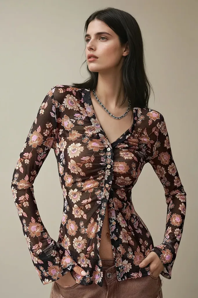 Dark Brown Floral Vneck Top - Image 1