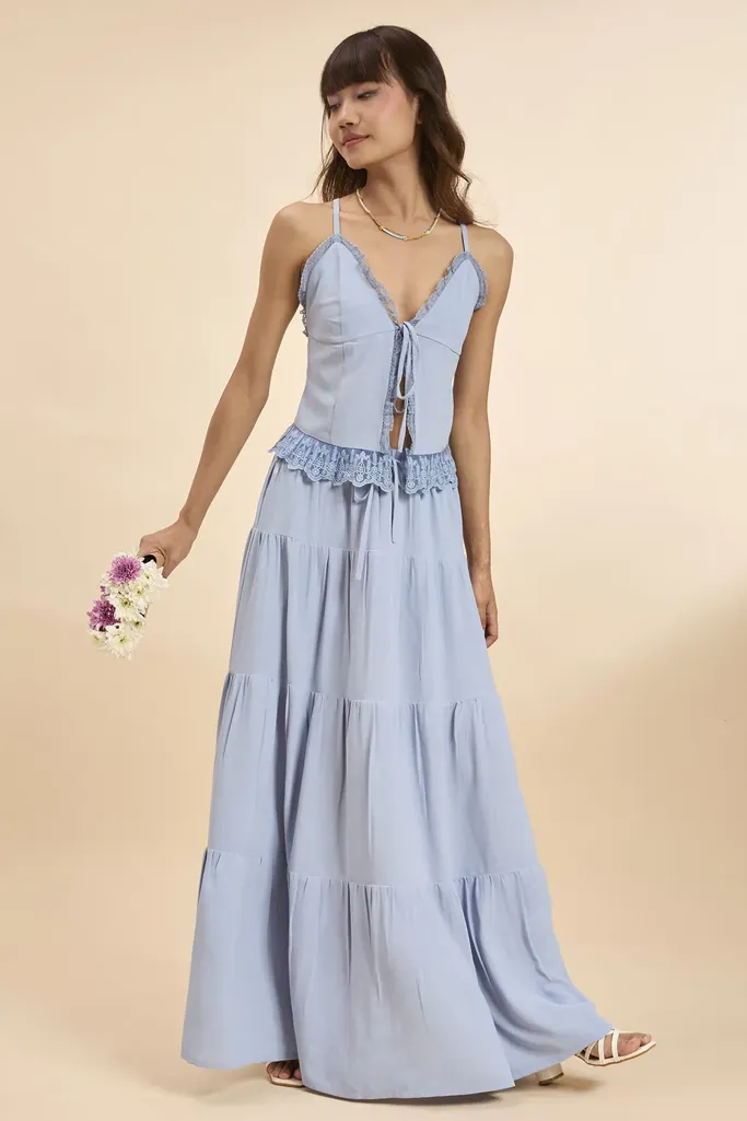 Blue Solid Cami Top And Tiered Skirt Coord Set - Image 1