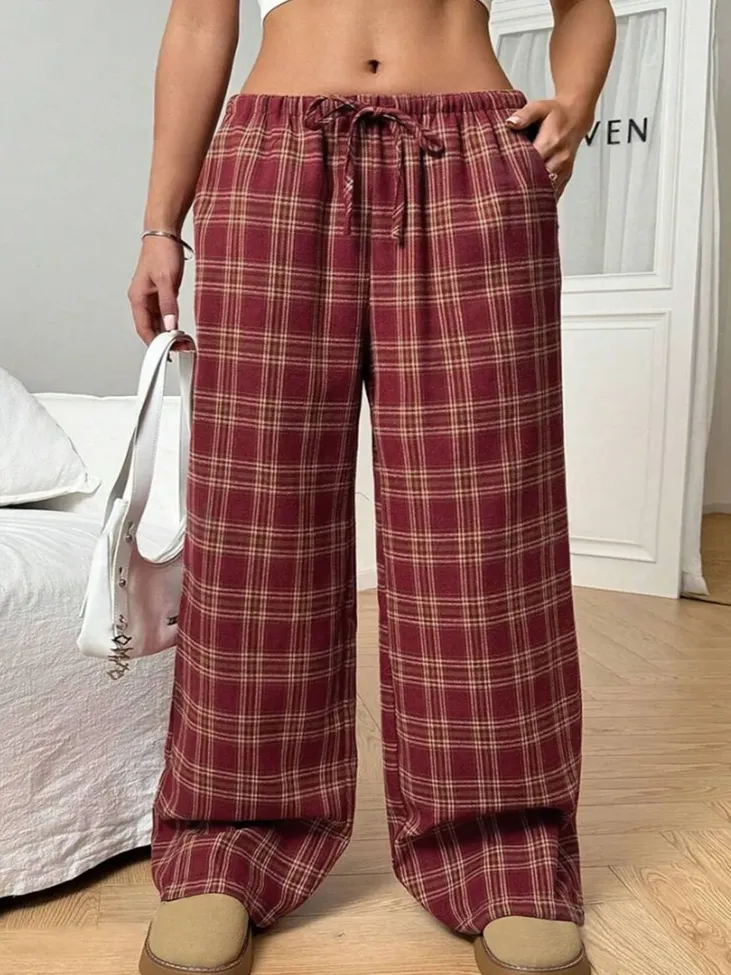 Maroon Checks Wide Leg Trousers - Image 1