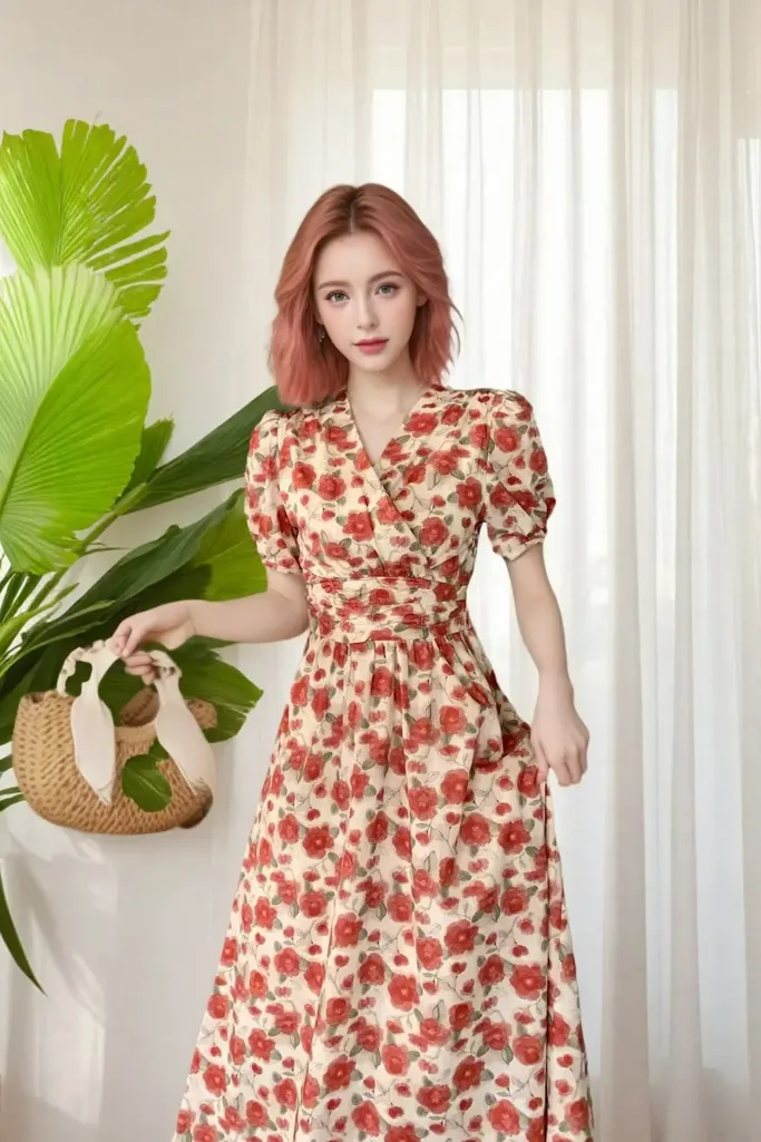 Cream Floral Cinched Waist Maxi Dress - Image 1
