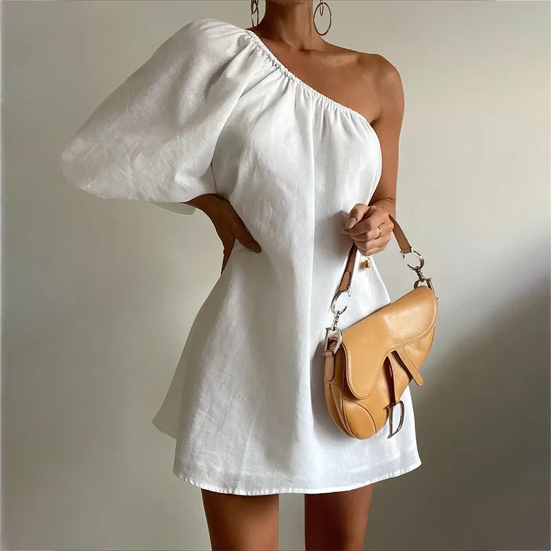 White One Shoulder Balloon Sleeve Mini Dress