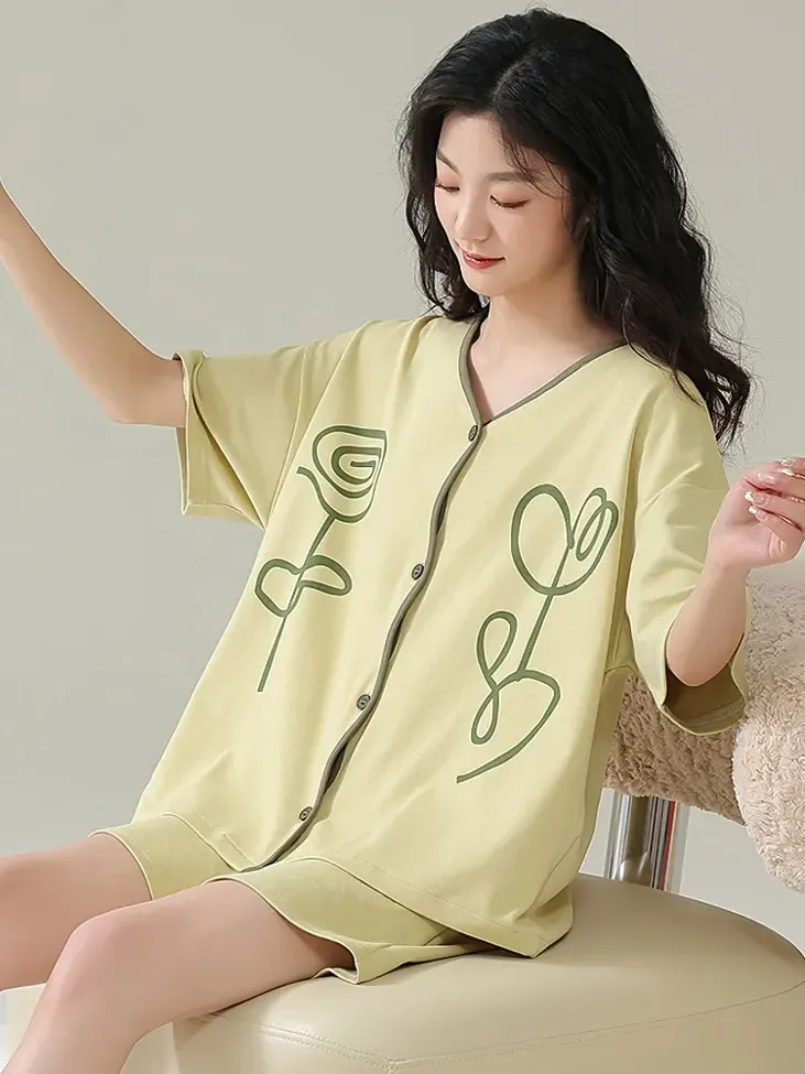 Green Graphic Vneck Coord Set - Image 1