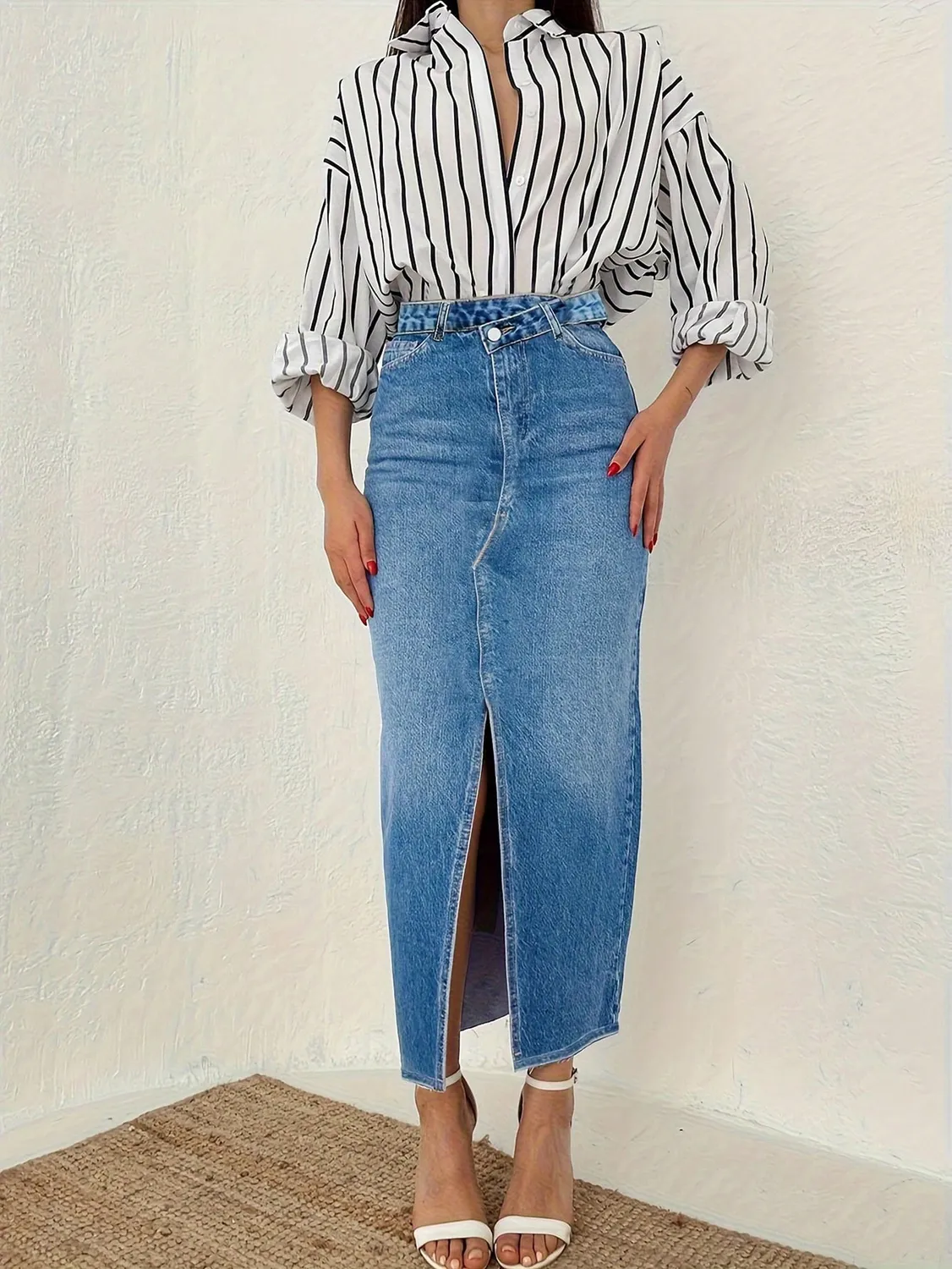 High Rise Denim Maxi Skirt