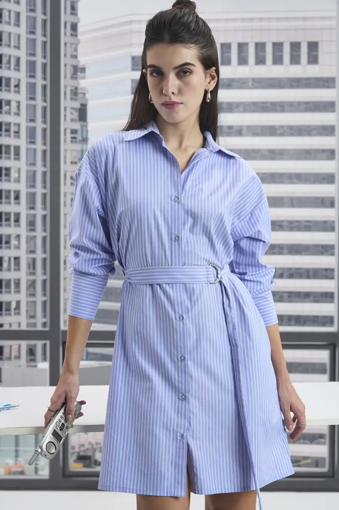 Blue Striped Midi Shirt Dress - Image 1