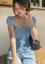 Blue Square Neck Buttoned Top