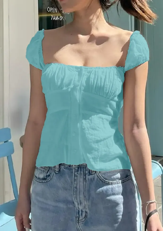 Light Blue Square Neck Buttoned Top - NEWME