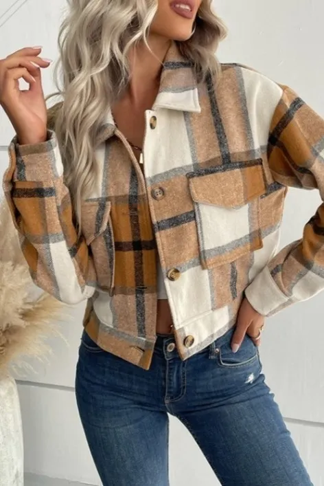 Khaki Plaid Buttoned Shacket - Image 1