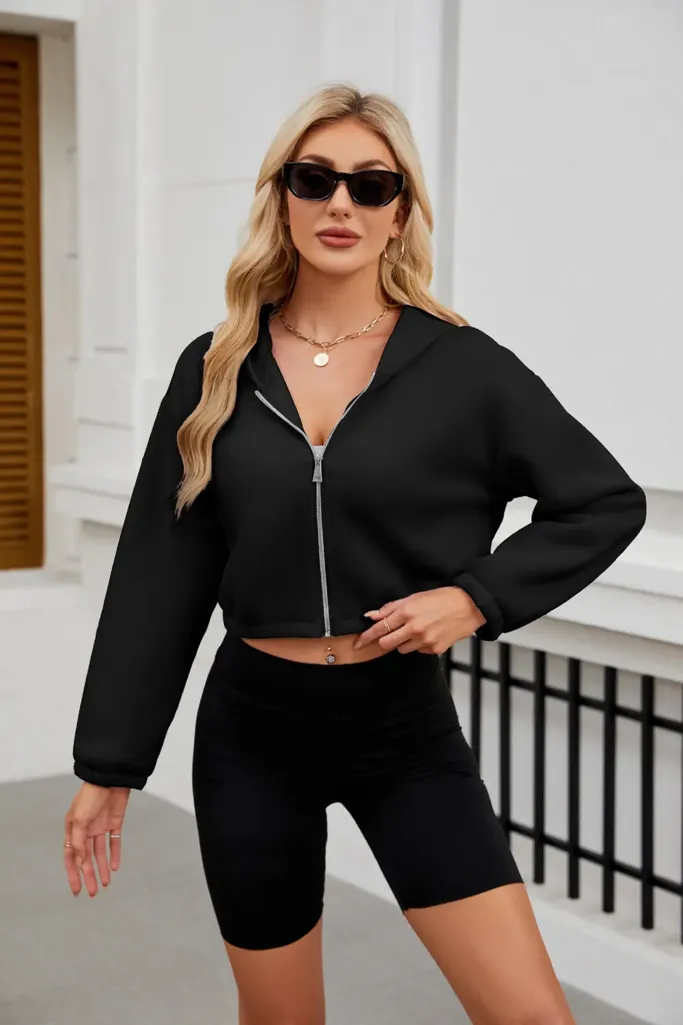 Black Cropped Zipper Hoodie - Image 1