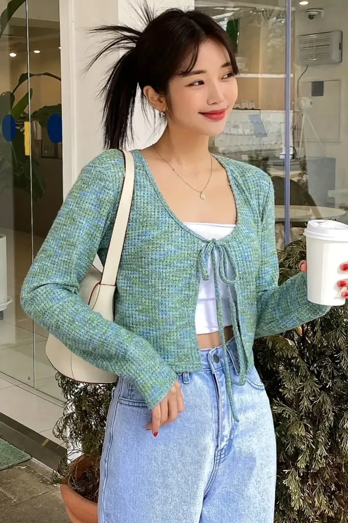 Green Vneck Tieup Crop Jacket - Image 1