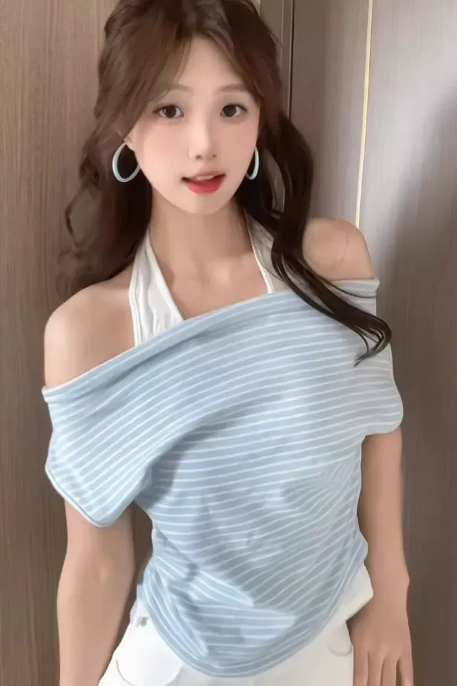 Blue Striped Offshoulder Top - Image 1