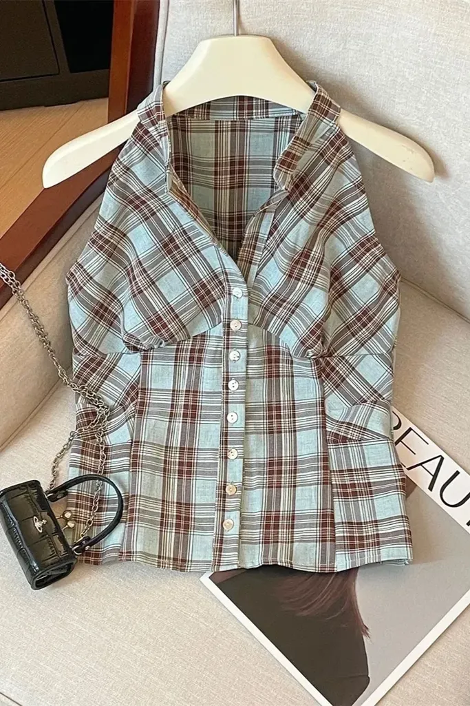 Blue Plaid Band Collar Top - Image 1