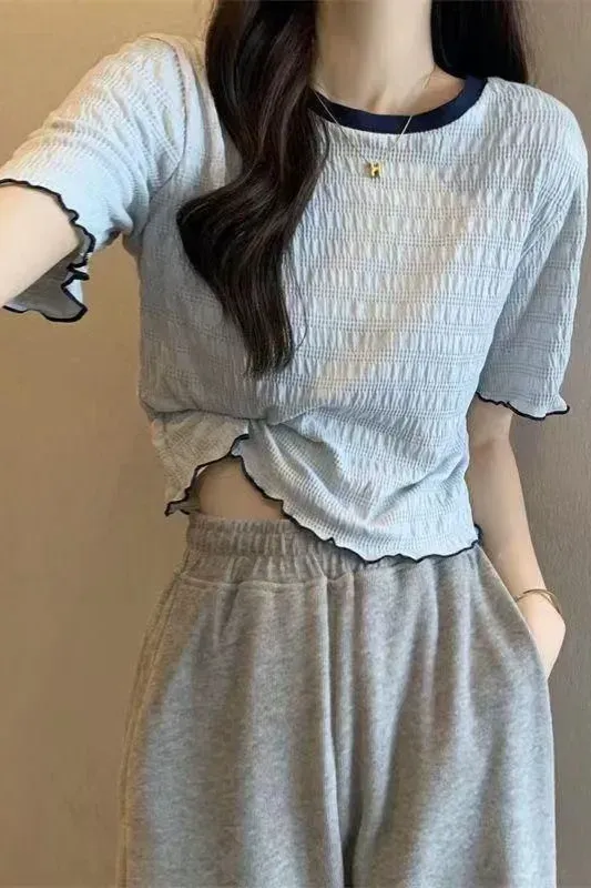 Light Blue Textured Round Neck Top - Image 1