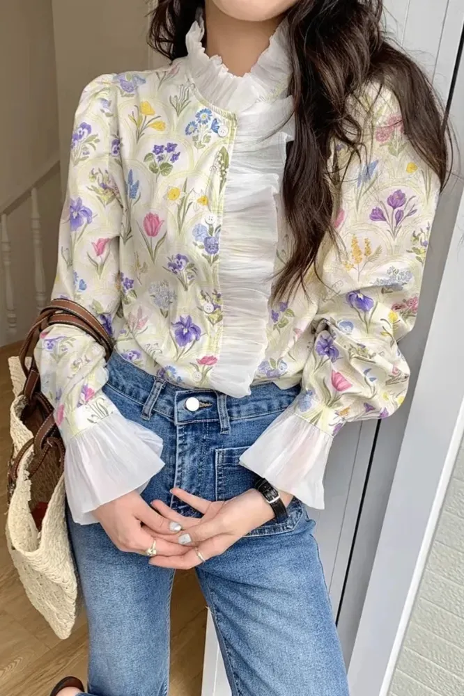 Multi High Neck Floral Ruffled Top - Image 1