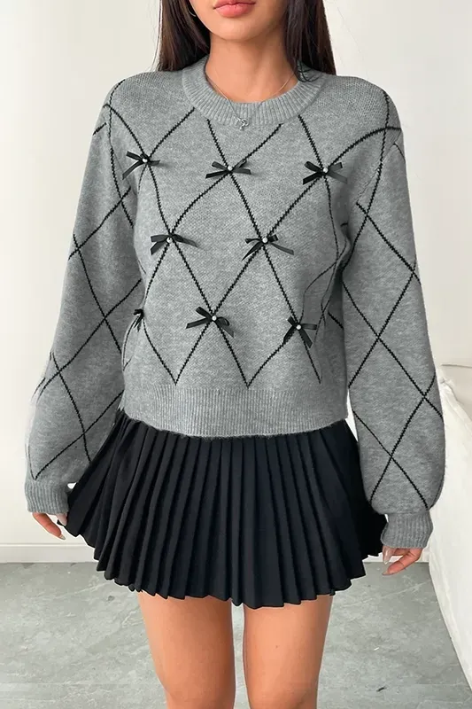 Grey Argyle Crew Neck Sweater