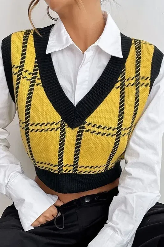 Yellow Plaid Vneck Crop Sweater - Image 1