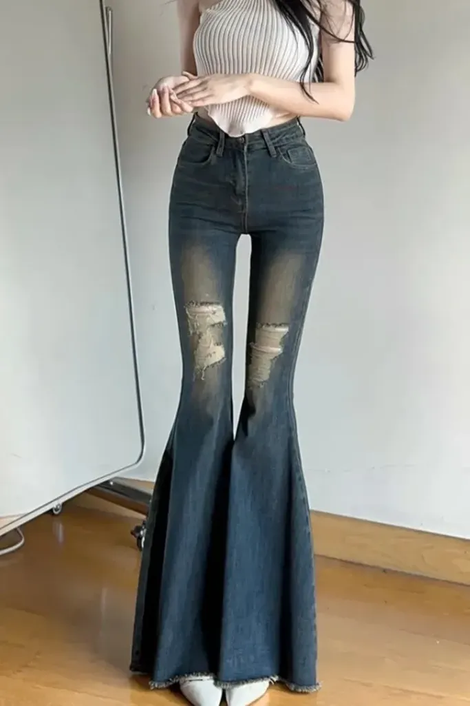 Dark Blue High Rise Bell Bottom Jeans - NEWME