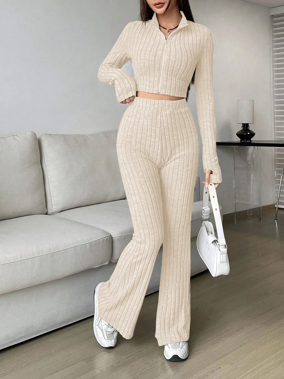 【Anyone more】Syoju Slim Zip-Up Bootcut Two-Piece Set Amazon.com: Women Y2K Knit Two Piece Outfits Slim Fit Long