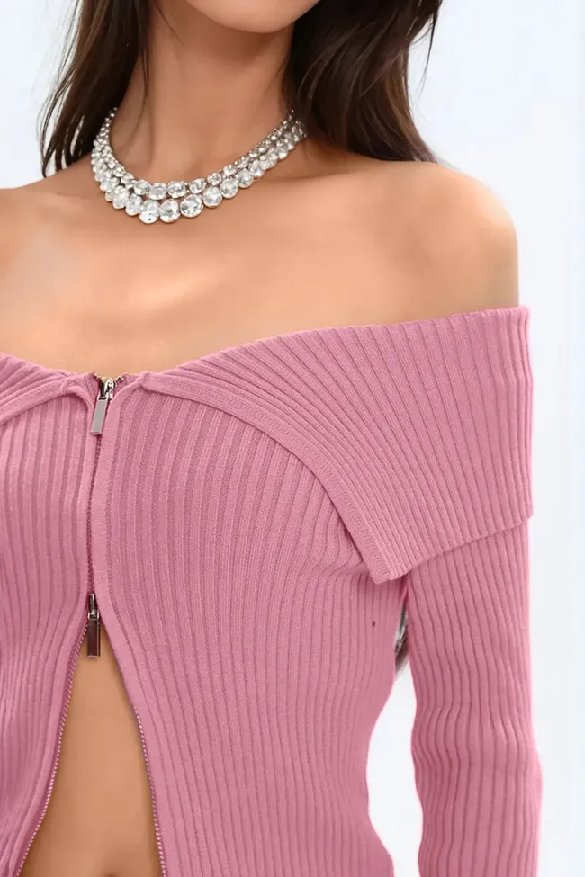 Pink Solid Zip Up Cardigan - NEWME