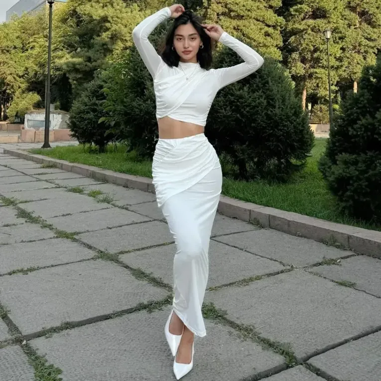White High Neck Ruched Co Ord Set - Image 1