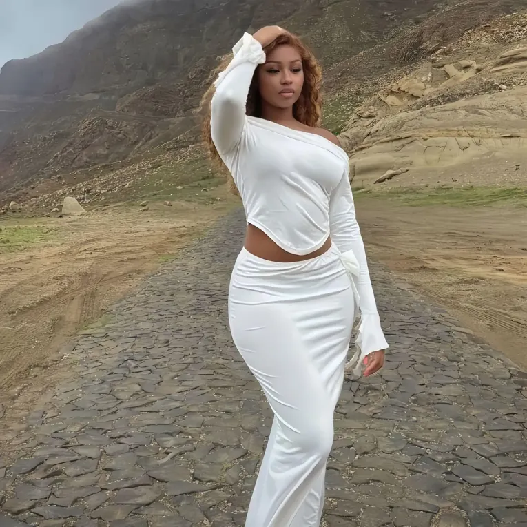 White Solid Bell Sleeve Co Ord Set - Image 1