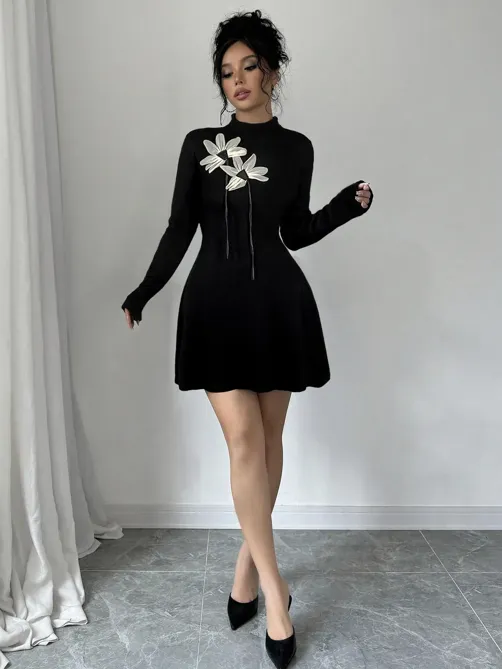 ワンピース Small Flower Print Flare Dress I-73344WL-SLC_BLACK-