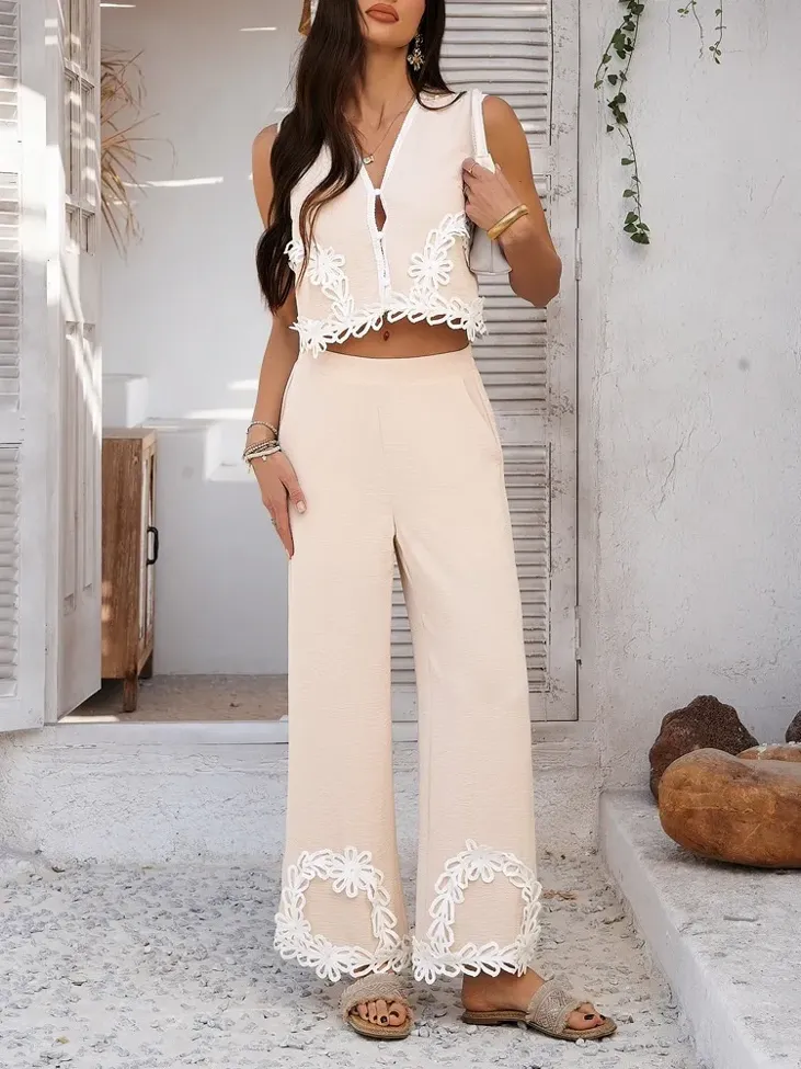 Beige Colourblocked Lace Detail Co Ord Set - Image 1