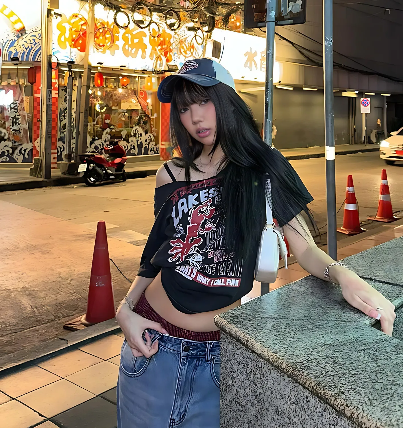 Black Graphic Asymmetric Neck Tshirt