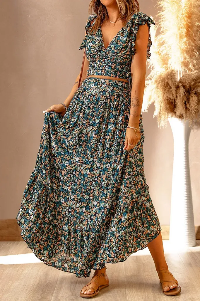 Teal Floral Vneck Co Ord Set - Image 1