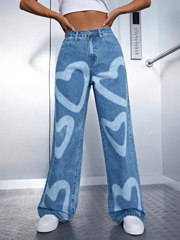 Blue Heart Print Wide Leg Jeans - NEWME