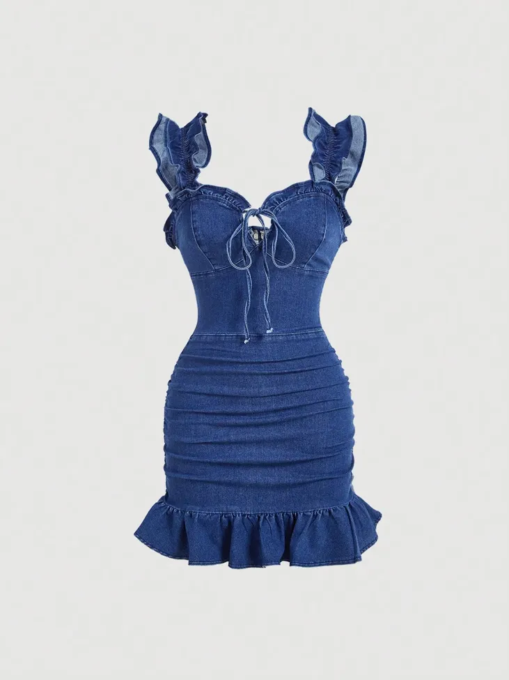 Blue Ruffles Detail Bodycon Denim Dress - Image 1