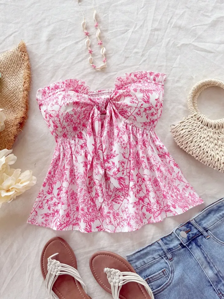 Dark Pink Floral Peplum Tube Top - Image 1