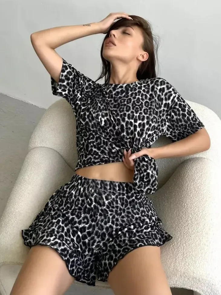 Black Leopard Print Shorts Co Ord Set - Image 1