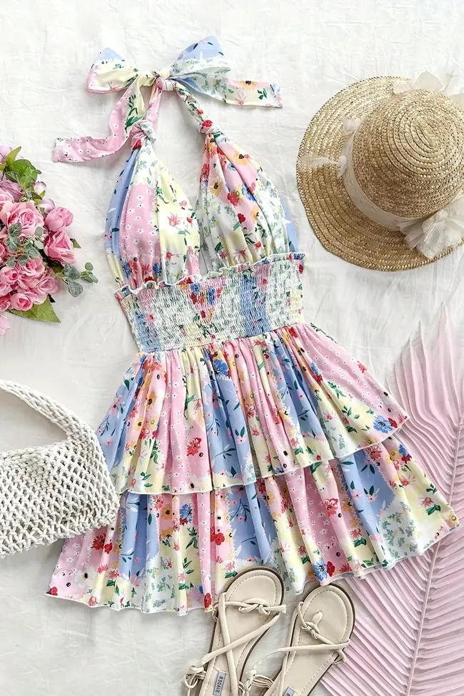 Light Pink Floral Layered Mini Dress - NEWME