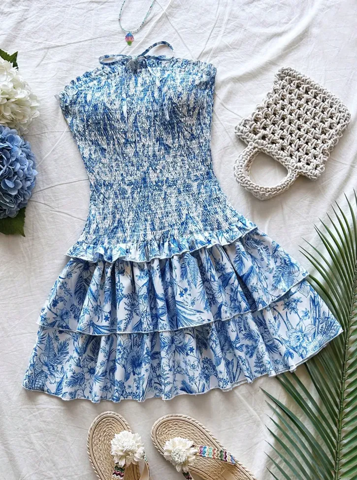 Blue Floral Fit Flare Mini Dress - Image 1