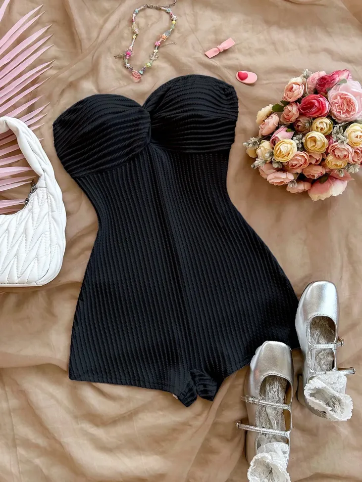 Black Textured Playsuit - Image 1
