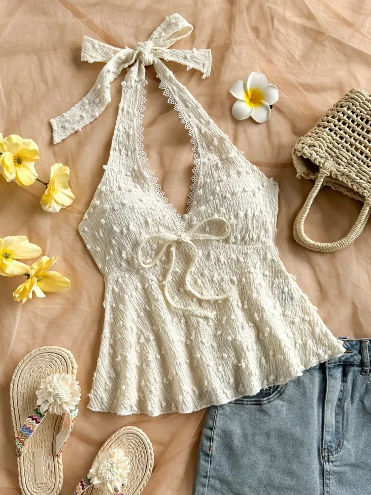Cream Textured Halter Neck Empire Top - Image 1
