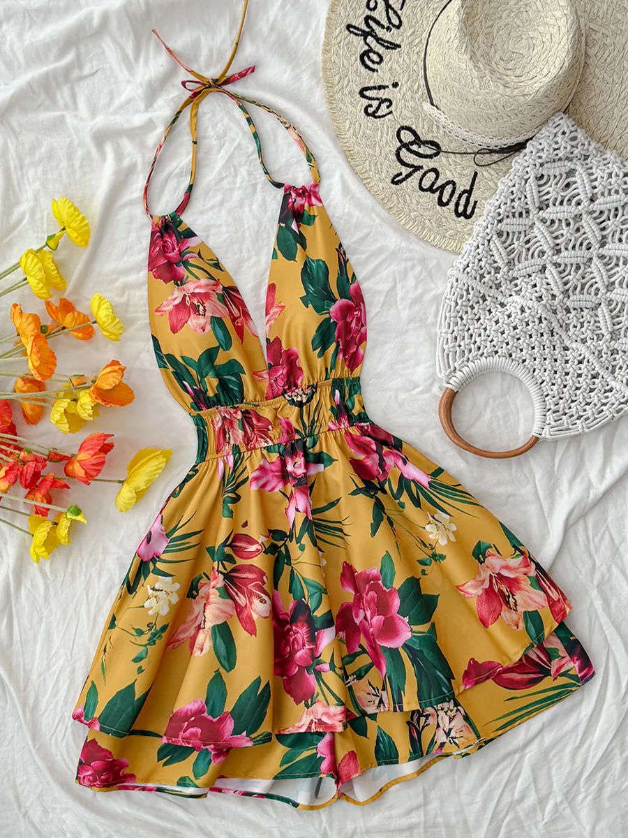 Mustard Floral Layered Rompers - NEWME