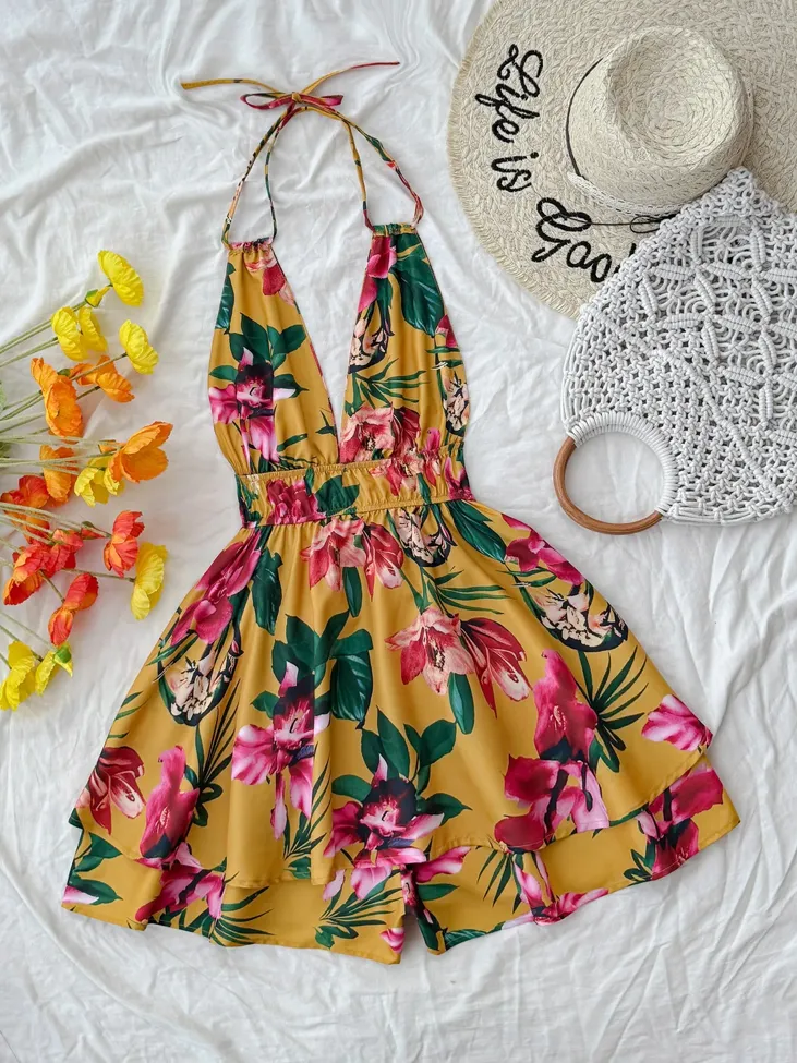 Mustard Floral Layered Rompers - NEWME