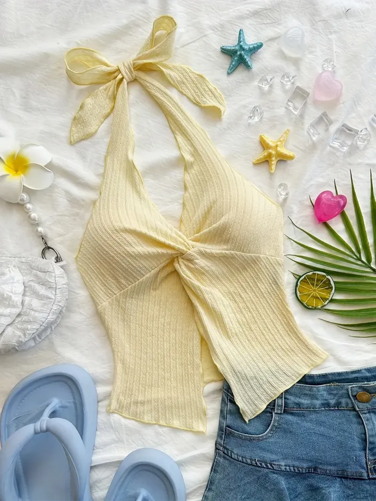 Yellow Knot Detail Halter Neck Top - Image 1