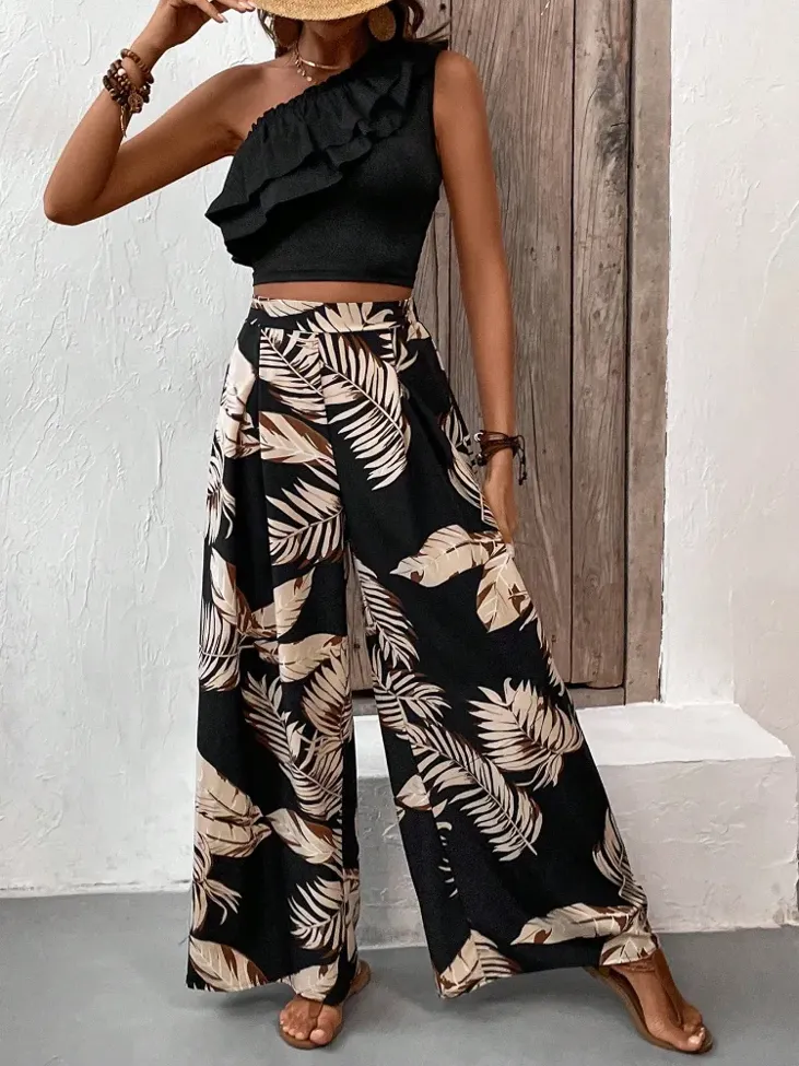 Black Leaf Print Trouser Co Ord Set - Image 1