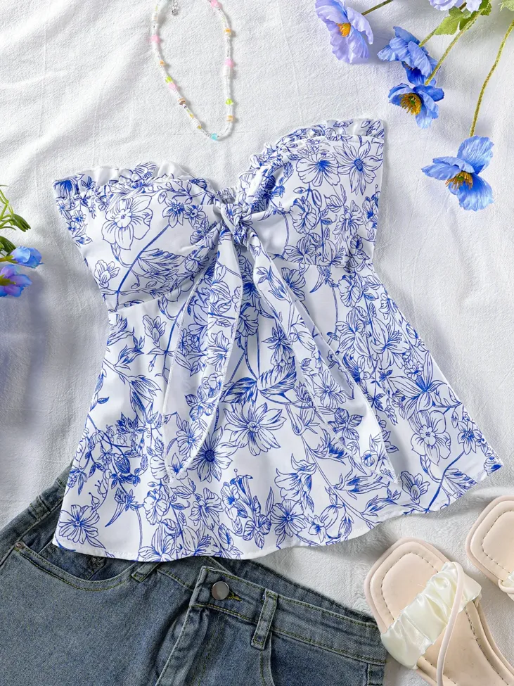 Blue Floral Peplum Tube Top - Image 1
