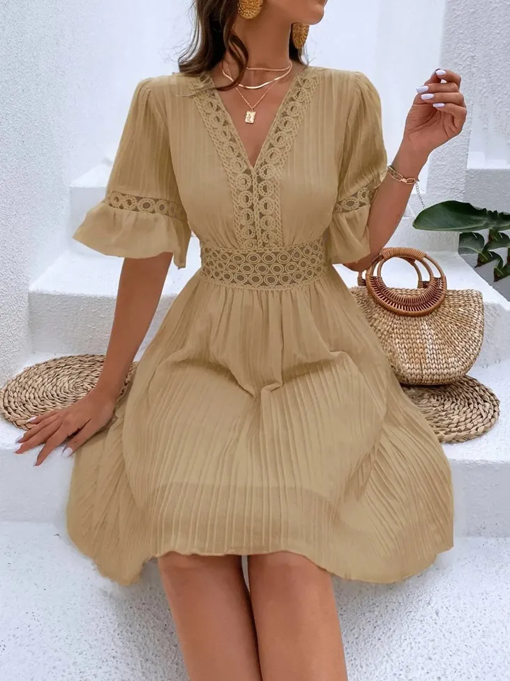 Khaki Textured Fit Flare Empire Dress - Image 1
