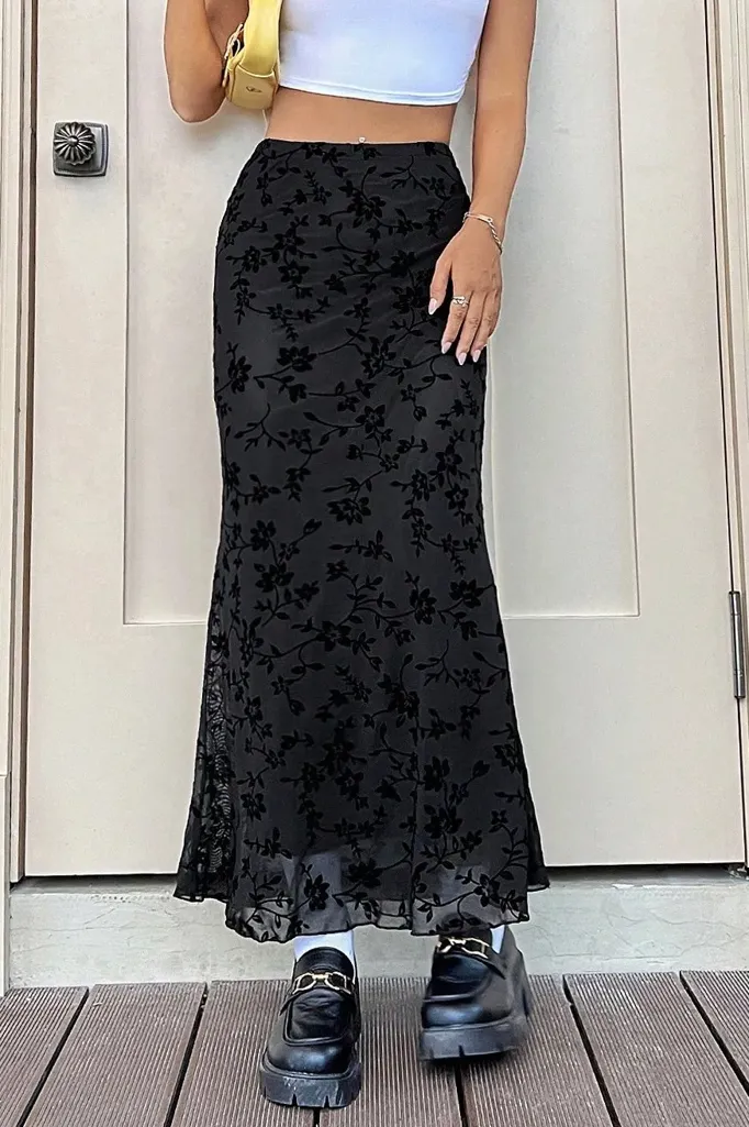 Black Floral Maxi Mermaid Skirt - Image 1