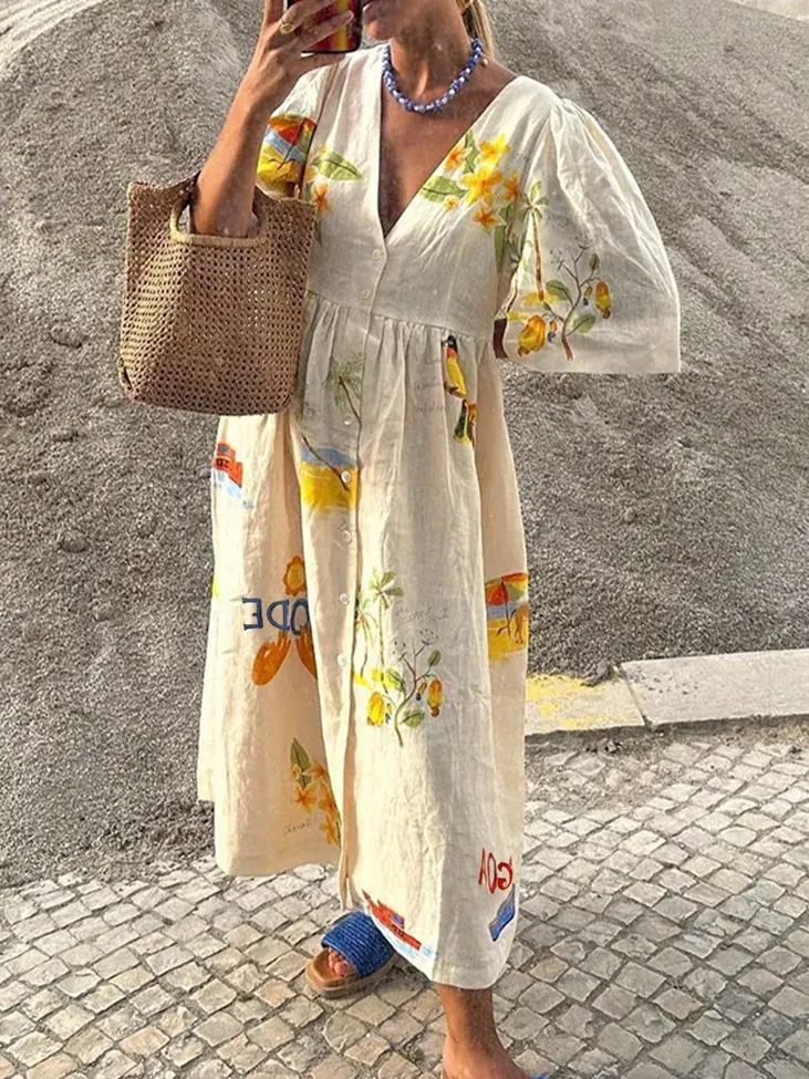 Tropical Print Buttoned Midi Dress - Image 1