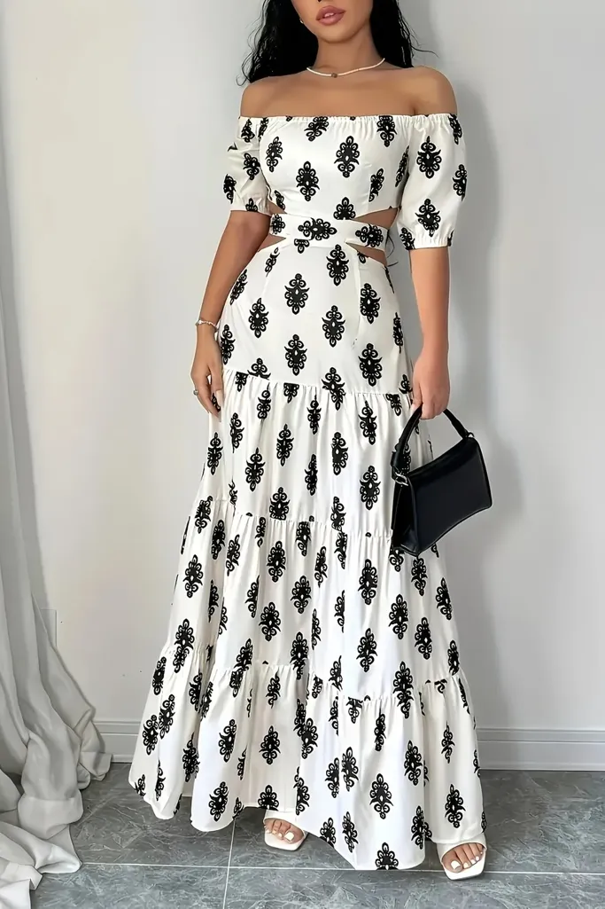 Off Shoulder Block Print Maxi Dress - Image 1