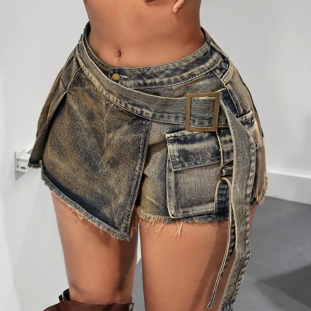 Blue Denim Belted Wrap Skort - NEWME