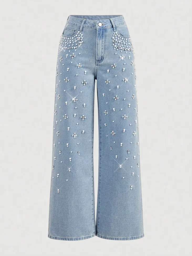 Embellished Pearl Wide Leg Jeans - Image 1