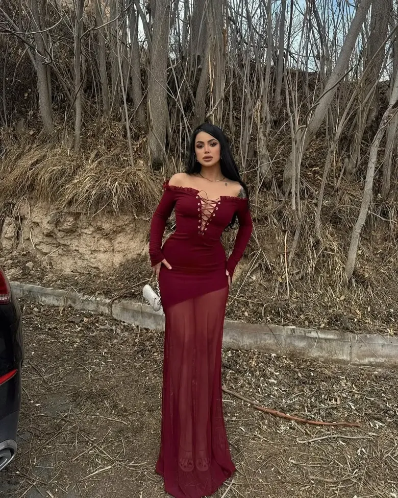 Maroon Offshoulder Maxi Dress - Image 1