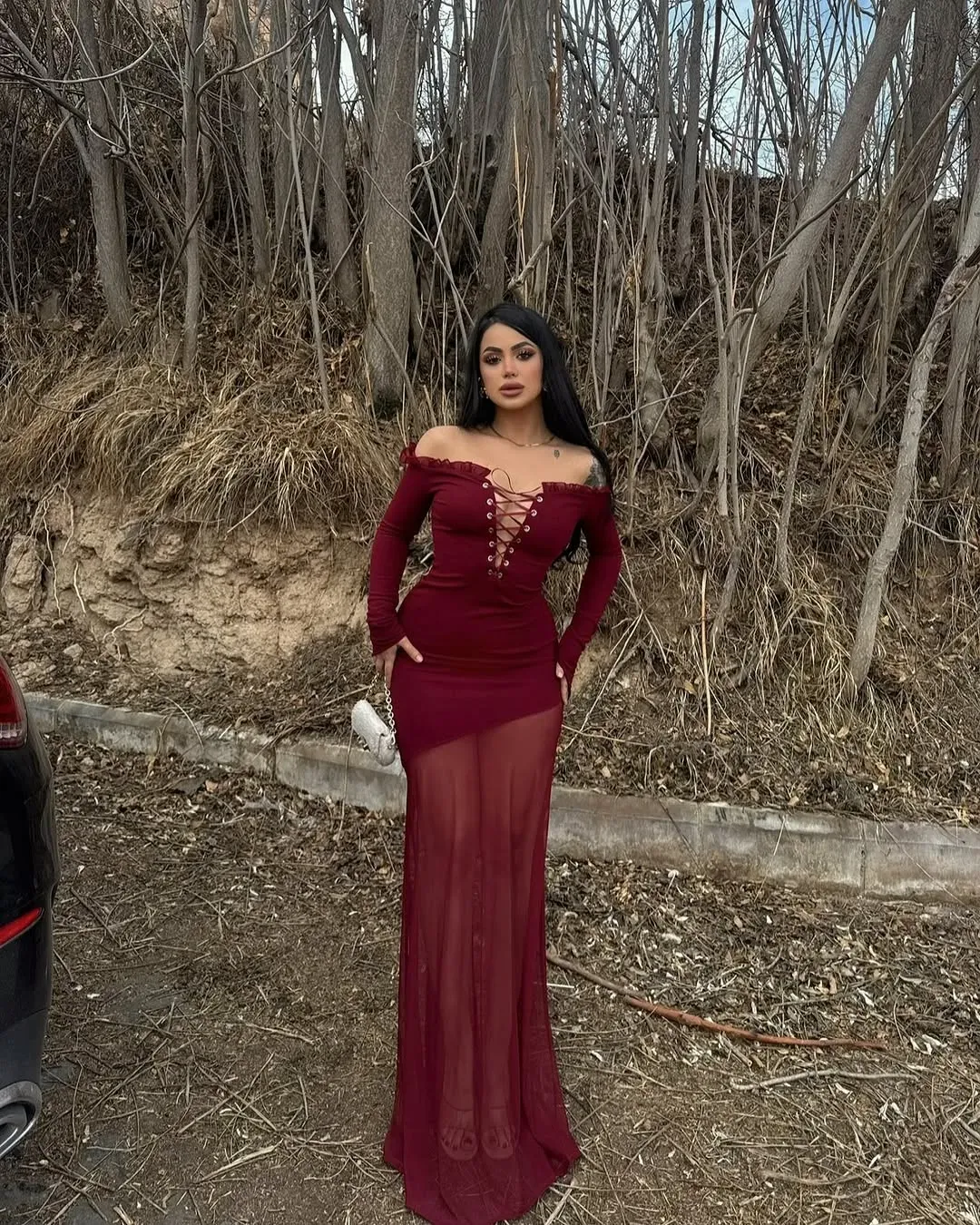 Maroon Offshoulder Maxi Dress