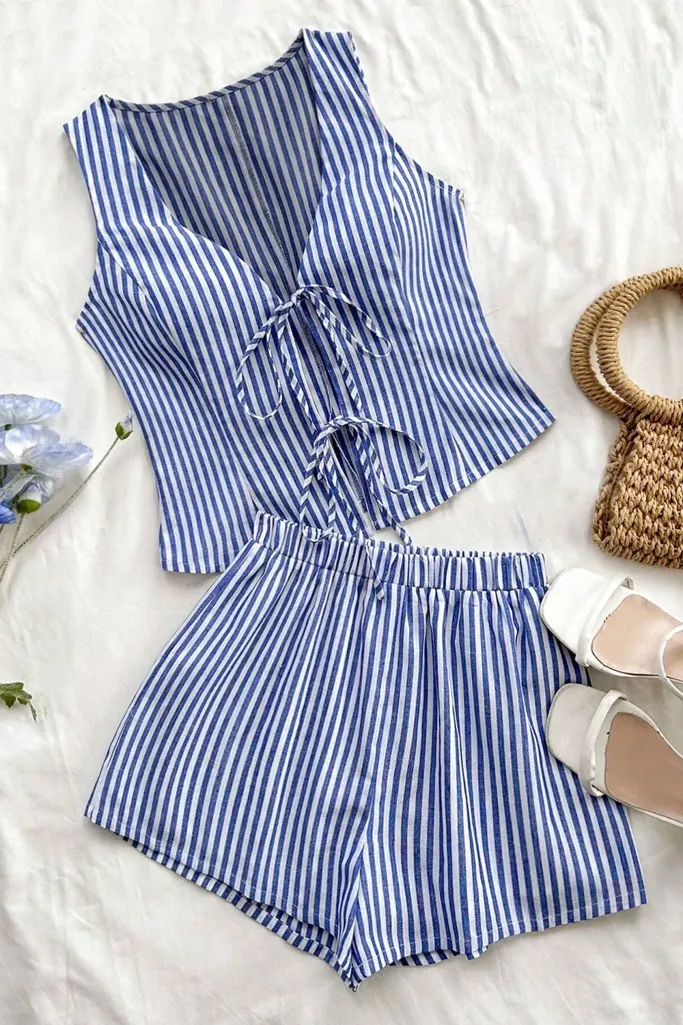 Striped Blue Vneck Coord Set - Image 1